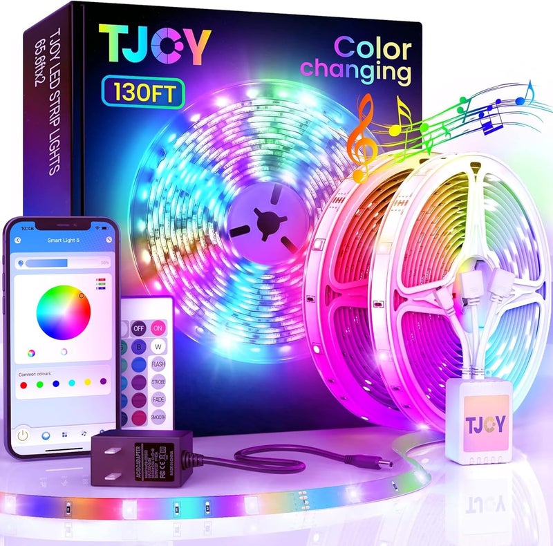 TJOY 130ft Bluetooth LED Strip Lights, RGB Color Changing, Music Sync, App Control, Indoor Usage, 5050 SMD, 2 Rolls, for Bedroom Kitchen TV Party (APP+Remote +Mic) - Image 1